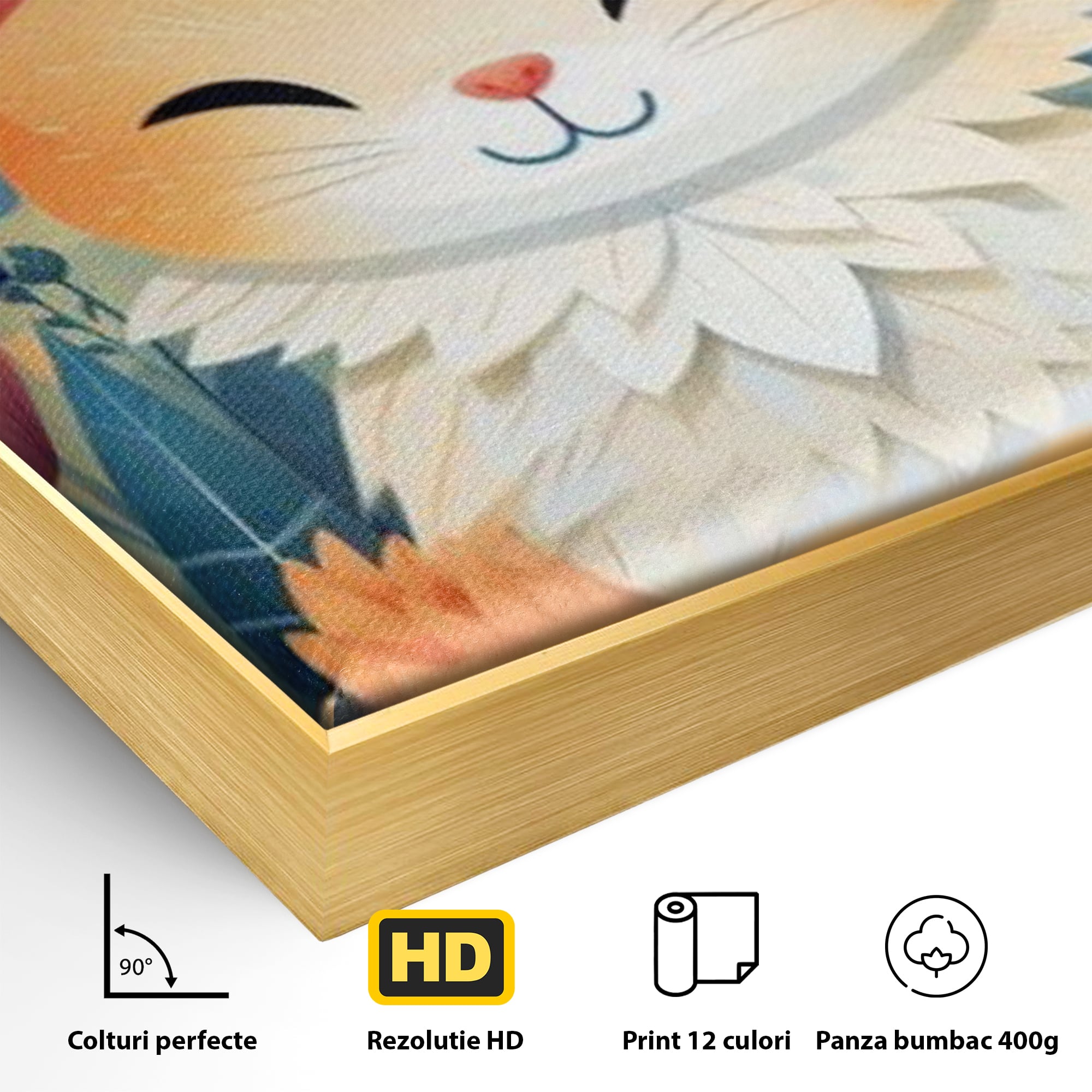 Detaliu al suprafetei: tablou canvas cu pisicuta in gradina cu flori, in rama de aluminiu auriu